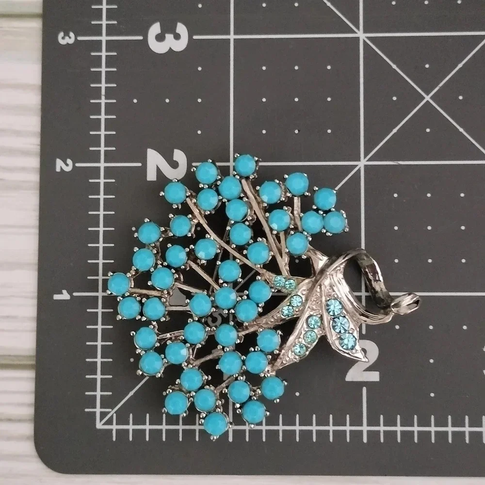 Silver Tone Blue Beading and Rhinestones Brooch 2
